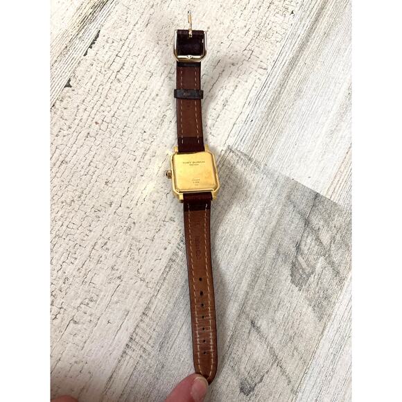 Tory Burch Robinson TBW1503 Womens Brown Leather Gold Crystal Rectangular Watch